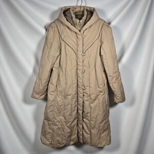 VTG Deerskin Trading Post Down Filled Coat Woman Medium Tan Hooded Zip Button